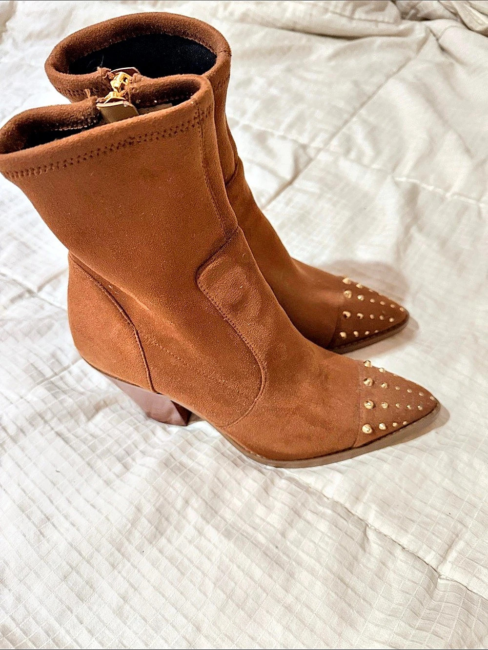 Michael Kors Studded Pointed-Toe Heeled Boots in Brown Like New